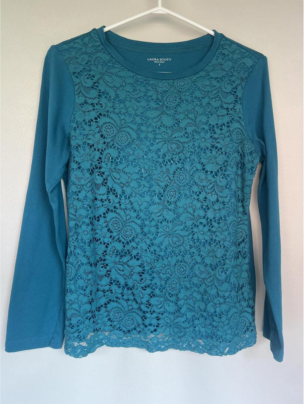 Laura Scott Teal Lace Long Sleeve Top Women's Small